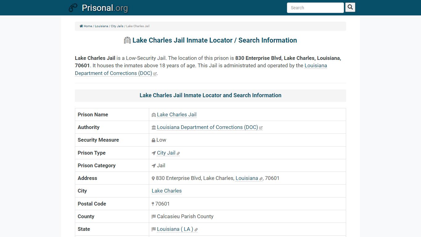 Lake Charles Jail-Inmate Locator/Search Info, Phone, Fax ...